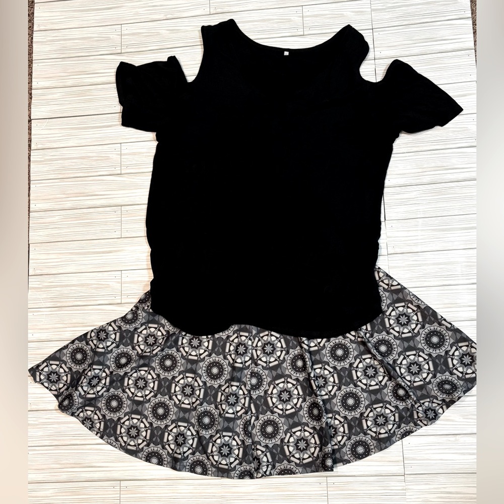 Black Cold Shoulder Top with Patterned Skirt